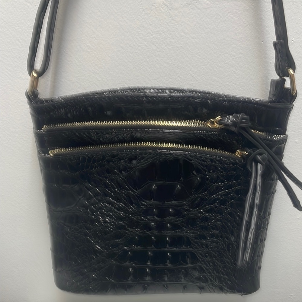 Black Crocodile-Embossed Shoulder Bag